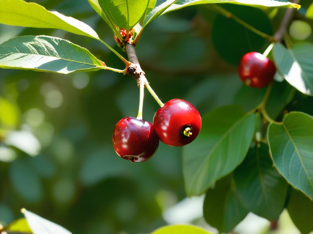  A closeup, ultradetailed image of a single ripe coffee cherry hanging from a branch, showcasing the vibrant red color and glossy texture of the fruit. The sunlight filtering through the leaves creates a dappled effect on the cherry, highlighting its importance as a key ingredient in fair trade practices. The focus is on the intricate details of the cherry, emphasizing its role in ethical sourcing and the impact of fair trade on ingredient production. hyperrealistic, full body, detailed clothing, highly detailed, cinematic lighting, stunningly beautiful, intricate, sharp focus, f/1. 8, 85mm, (centered image composition), (professionally color graded), ((bright soft diffused light)), volumetric fog, trending on instagram, trending on tumblr, HDR 4K, 8K