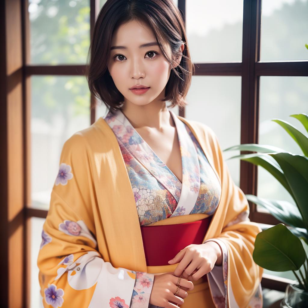  (masterpiece:1.3), (8k, photorealistic, photo, best quality: 1.4), (Japanese woman wearing clothes:),(realistic face), realistic eyes, (realistic skin), beautiful skin, kimono, (perfect body:1.3), (detailed body:1.2), hyperrealistic, full body, detailed clothing, highly detailed, cinematic lighting, stunningly beautiful, intricate, sharp focus, f/1. 8, 85mm, (centered image composition), (professionally color graded), ((bright soft diffused light)), volumetric fog, trending on instagram, trending on tumblr, HDR 4K, 8K