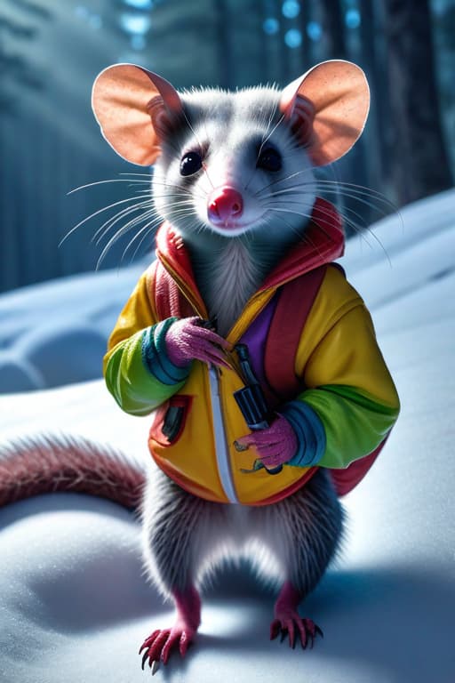  Antisocial opossum rainbow hyperrealistic, full body, detailed clothing, highly detailed, cinematic lighting, stunningly beautiful, intricate, sharp focus, f/1. 8, 85mm, (centered image composition), (professionally color graded), ((bright soft diffused light)), volumetric fog, trending on instagram, trending on tumblr, HDR 4K, 8K