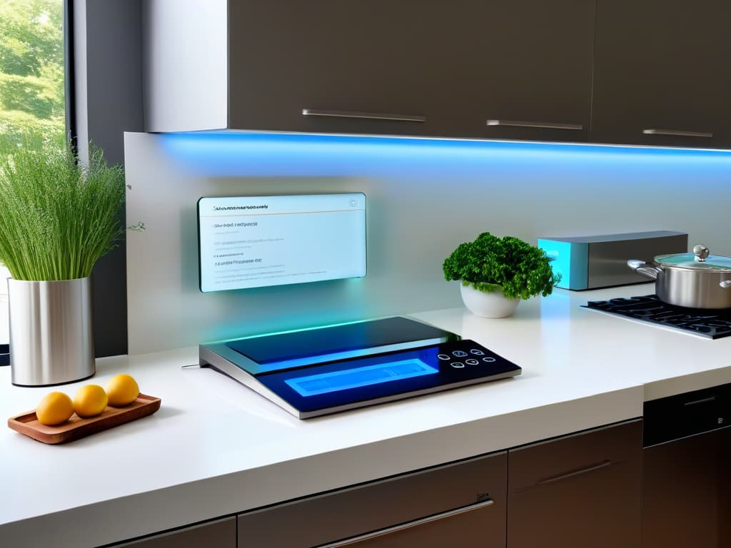  An ultradetailed image of a sleek, futuristic kitchen countertop with various hightech gadgets seamlessly integrated, such as a smart oven, digital measuring scale, voiceactivated recipe assistant, and adjustable height features for accessibility. The countertop is illuminated with soft LED lights, showcasing a modern and inclusive cooking environment that combines technology and functionality in a visually striking manner. hyperrealistic, full body, detailed clothing, highly detailed, cinematic lighting, stunningly beautiful, intricate, sharp focus, f/1. 8, 85mm, (centered image composition), (professionally color graded), ((bright soft diffused light)), volumetric fog, trending on instagram, trending on tumblr, HDR 4K, 8K