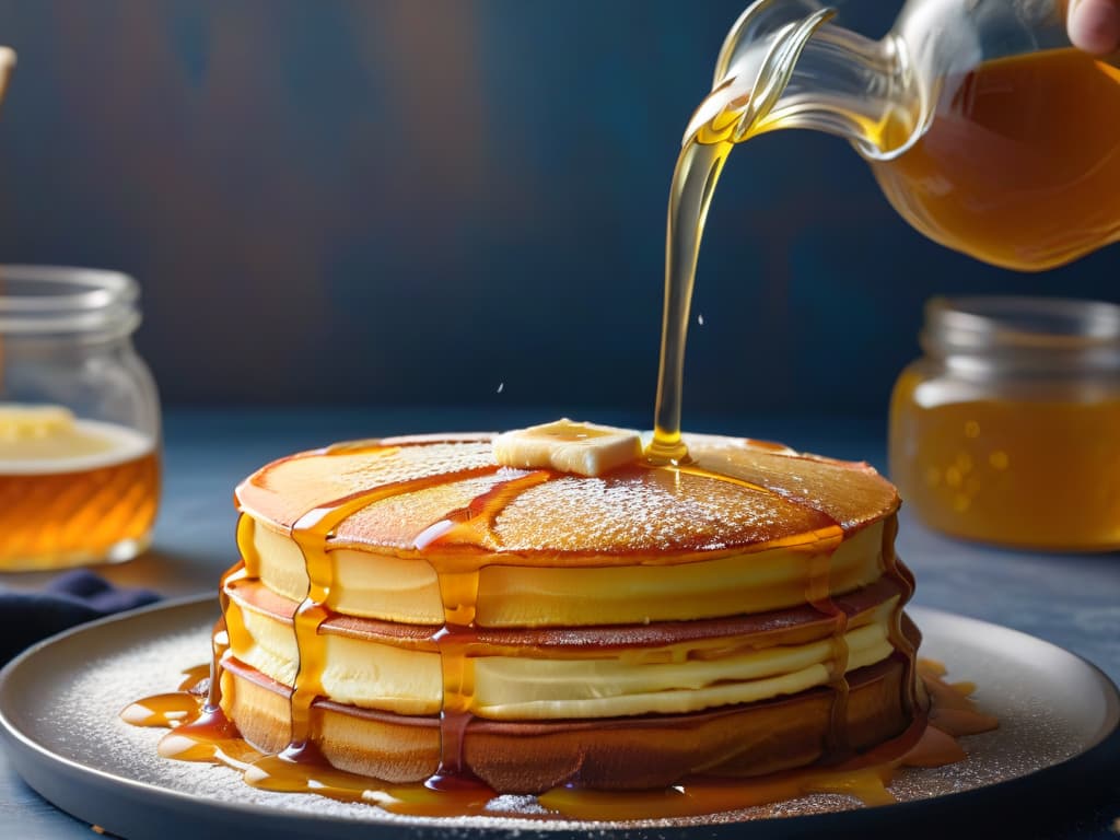  A closeup, ultradetailed image of a golden honey dipper drizzling honey over a stack of fluffy pancakes, with the honey forming intricate swirls and patterns on the surface of the pancakes. The lighting is soft, highlighting the rich amber tones of the honey and the fluffy texture of the pancakes, creating a visually captivating and mouthwatering scene. hyperrealistic, full body, detailed clothing, highly detailed, cinematic lighting, stunningly beautiful, intricate, sharp focus, f/1. 8, 85mm, (centered image composition), (professionally color graded), ((bright soft diffused light)), volumetric fog, trending on instagram, trending on tumblr, HDR 4K, 8K