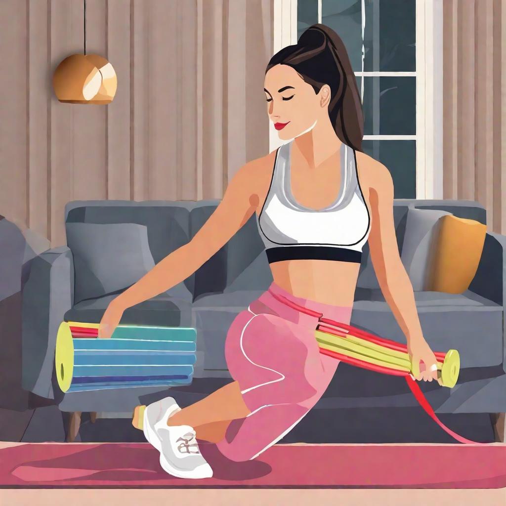  masterpiece, best quality,An elegant lady, at home, is using resistance bands for fitness activities, showing her tenacity and vitality