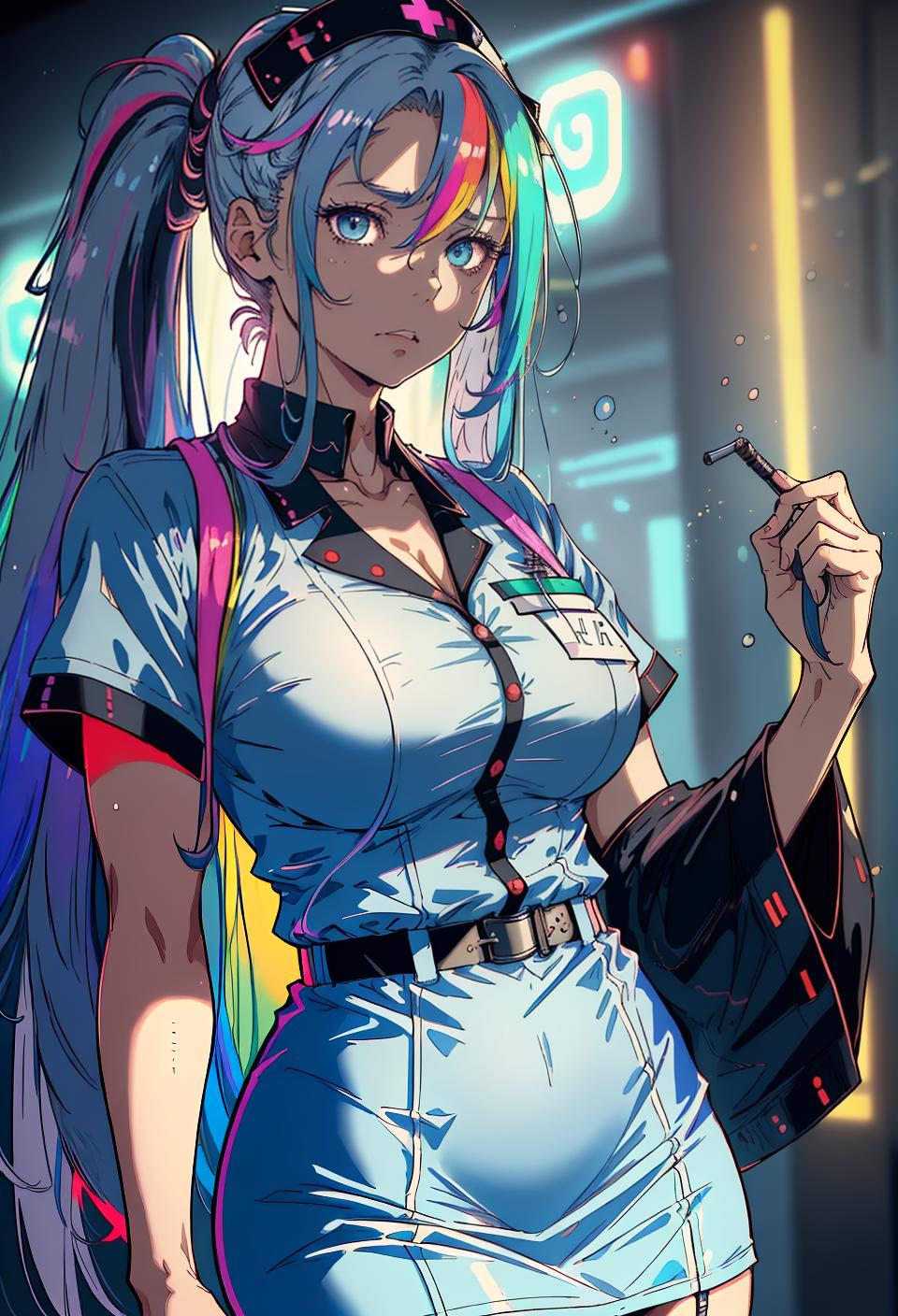  ((trending, highres, masterpiece, cinematic shot)), 1girl, mature, female nurse uniform, large, techno scene, very long curly light blue hair, long ponytail, large rainbow-colored eyes, sarcastic personality, bored expression, tanned skin, morbid, clever