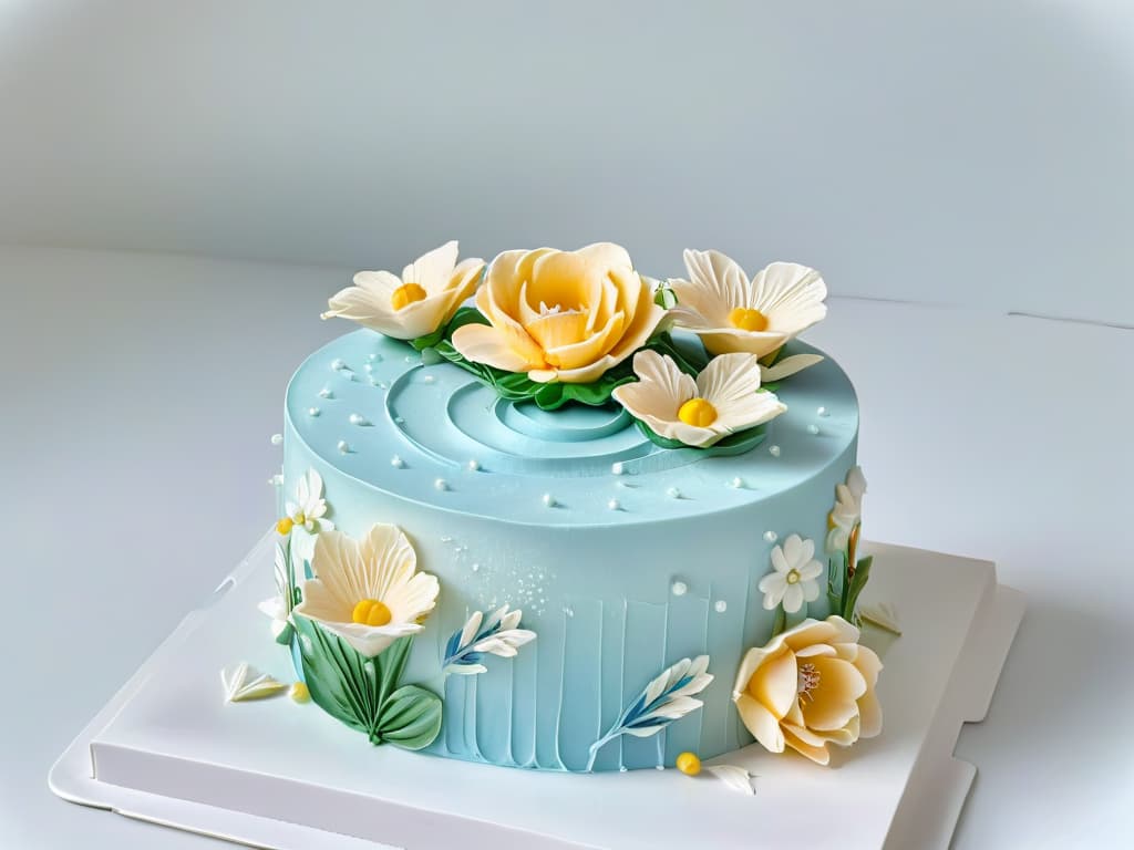  A closeup, ultradetailed image of a beautifully crafted, intricate sugar flower centerpiece on a pristine white fondant cake, showcasing delicate petals in various shades of pastel colors, with glistening sugar beads embellishing the center of each flower. The precision and artistry of the sugar flowers are evident in the lifelike details, such as the subtle veins on the petals and the perfectly shaped edges. The overall composition exudes elegance and sophistication, making it a captivating focal point for any pastry competition. hyperrealistic, full body, detailed clothing, highly detailed, cinematic lighting, stunningly beautiful, intricate, sharp focus, f/1. 8, 85mm, (centered image composition), (professionally color graded), ((bright soft diffused light)), volumetric fog, trending on instagram, trending on tumblr, HDR 4K, 8K