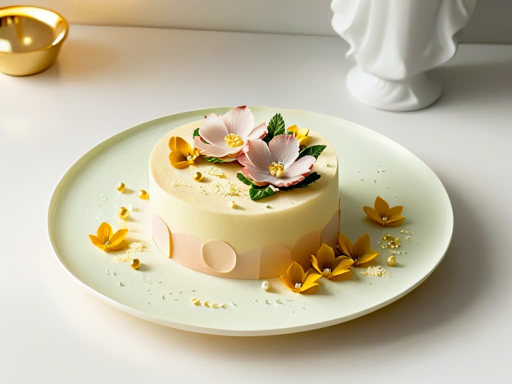  A highresolution, minimalist image of a beautifully plated dessert in soft pastel colors, showcasing intricate details like delicate sugar flowers and gold leaf accents. The dessert sits on a sleek, modern plate against a clean, white background, emphasizing elegance and sophistication. hyperrealistic, full body, detailed clothing, highly detailed, cinematic lighting, stunningly beautiful, intricate, sharp focus, f/1. 8, 85mm, (centered image composition), (professionally color graded), ((bright soft diffused light)), volumetric fog, trending on instagram, trending on tumblr, HDR 4K, 8K