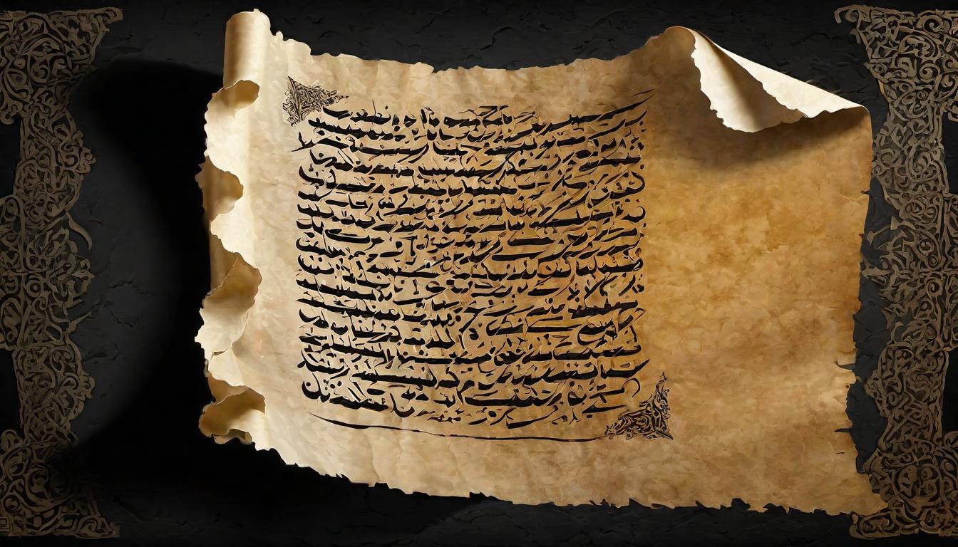  digital painting of An ancient parchment unfurled, etched with flowing Arabic calligraphy denouncing black magic, enveloped by a dark, formless shadow creeping at the edges, symbolic of forbidden knowledge, warning, gravity looking at viewer, dynamic pose, (intricate details, masterpiece, best quality)