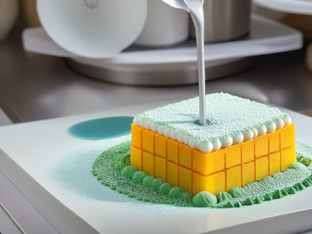  A closeup, ultradetailed image of a delicate sugar molecule structure being meticulously constructed by skilled hands using precise tools in a sleek, modern kitchen setting. The image showcases the intricate process of molecular gastronomy with a focus on the artistry and precision involved in creating innovative sweet treats. hyperrealistic, full body, detailed clothing, highly detailed, cinematic lighting, stunningly beautiful, intricate, sharp focus, f/1. 8, 85mm, (centered image composition), (professionally color graded), ((bright soft diffused light)), volumetric fog, trending on instagram, trending on tumblr, HDR 4K, 8K