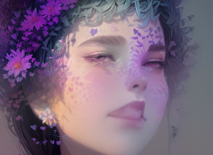  Closeup portrait of a gray background with a purple gradient in the middle , happy background, grass skin, flowers, earth elemental, hair made of flora, nature character, pixar, disney, symmetrical, stylised, soft lighting, wlop, rossdraws, concept art, digital painting
