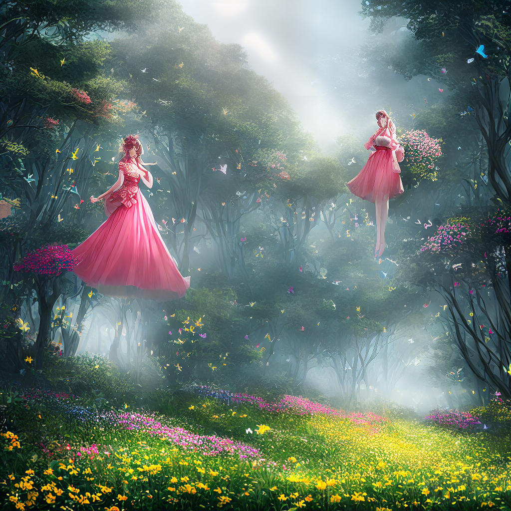  ((masterpiece)), (((best quality))), 8k, high detailed, ultra-detailed. A cute girl wearing a pink dress, standing in a blooming field, with a gentle breeze blowing her hair, surrounded by colorful butterflies. The sunlight filters through the trees, creating a beautiful play of light and shadows on the girl's face and the flowers. hyperrealistic, full body, detailed clothing, highly detailed, cinematic lighting, stunningly beautiful, intricate, sharp focus, f/1. 8, 85mm, (centered image composition), (professionally color graded), ((bright soft diffused light)), volumetric fog, trending on instagram, trending on tumblr, HDR 4K, 8K