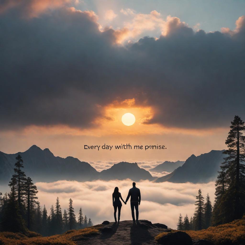  An inspirational image with a sunrise in the background, symbolizing new beginnings and possibilities. A silhouette of a couple holding hands, feeling uplifted and hopeful. Around the image, include the message: "Every day with you feels like a new sunrise, full of promises and opportunities. Your strength inspires me, and your love is the wind beneath my wings. Your passion lights up the world. Keep shining, my love." The message should have an elegant and readable font, evoking a sense of inspiration and warmth. hyperrealistic, full body, detailed clothing, highly detailed, cinematic lighting, stunningly beautiful, intricate, sharp focus, f/1. 8, 85mm, (centered image composition), (professionally color graded), ((bright soft diffused light)), volumetric fog, trending on instagram, trending on tumblr, HDR 4K, 8K