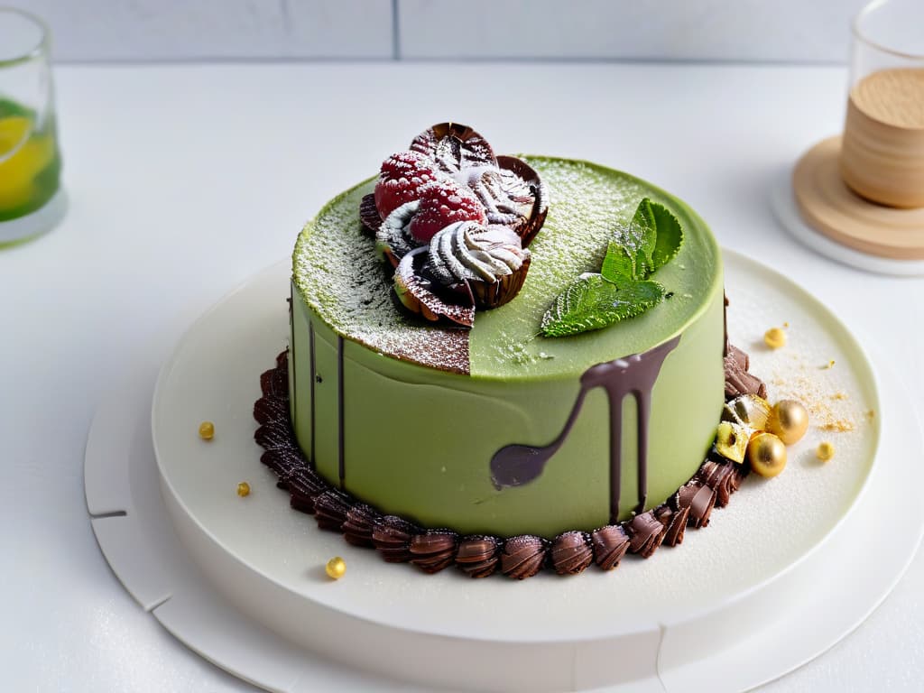  An ultradetailed image of a delicate and intricate fusion dessert, showcasing layers of flaky pastry, rich chocolate ganache, and vibrant matcha green tea swirls, all elegantly presented on a pristine white plate against a soft, neutral background. The dessert is garnished with a single perfect raspberry, a sprinkle of edible gold leaf, and a dusting of powdered sugar, creating a visually stunning and mouthwatering masterpiece that perfectly embodies the concept of fusion pastry artistry. hyperrealistic, full body, detailed clothing, highly detailed, cinematic lighting, stunningly beautiful, intricate, sharp focus, f/1. 8, 85mm, (centered image composition), (professionally color graded), ((bright soft diffused light)), volumetric fog, trending on instagram, trending on tumblr, HDR 4K, 8K