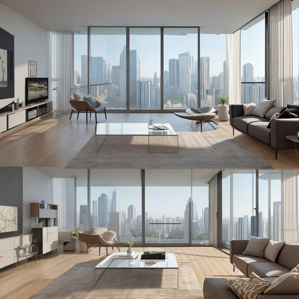  masterpiece, best quality, Best Quality, Masterpiece, 8k resolution,high resolution concept art of an apartment living room with floor to ceiling windows and modern furniture