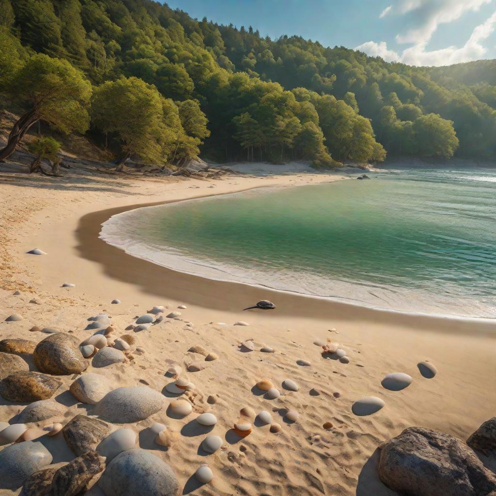  Noon, a beautiful well-groomed beach with small shells, located in the forest, a short wide wooden pier goes into the sea, a bonfire and a wide green camping tent on the shore, dolphins swim in the distance, a beautiful landscape hyperrealistic, full body, detailed clothing, highly detailed, cinematic lighting, stunningly beautiful, intricate, sharp focus, f/1. 8, 85mm, (centered image composition), (professionally color graded), ((bright soft diffused light)), volumetric fog, trending on instagram, trending on tumblr, HDR 4K, 8K