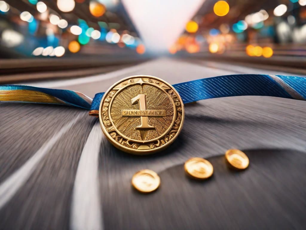  Close-up of a shiny gold medal with a ribbon on a blurred background of a bike race track. digital art, ilustration hyperrealistic, full body, detailed clothing, highly detailed, cinematic lighting, stunningly beautiful, intricate, sharp focus, f/1. 8, 85mm, (centered image composition), (professionally color graded), ((bright soft diffused light)), volumetric fog, trending on instagram, trending on tumblr, HDR 4K, 8K