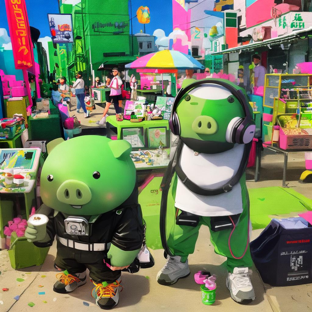  masterpiece, best quality, green pig wearing headphones non-human, sunglasses,8bit games, glowing skin, seaside