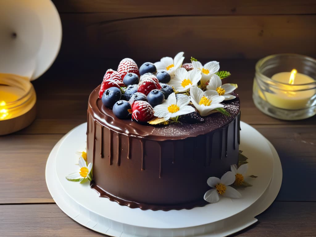  An intricately detailed closeup of a decadent chocolate cake on a rustic wooden table, adorned with fresh berries and edible flowers. The cake is beautifully crafted, showcasing layers of moist chocolate sponge filled with creamy ganache, all topped with a glossy chocolate glaze and delicate gold leaf accents. The vibrant colors of the berries and flowers pop against the rich chocolate backdrop, evoking a sense of indulgence and sophistication. The image captures the perfect balance between sustainability and luxury in zero waste baking, inspiring readers to create delicious treats while minimizing environmental impact. hyperrealistic, full body, detailed clothing, highly detailed, cinematic lighting, stunningly beautiful, intricate, sharp focus, f/1. 8, 85mm, (centered image composition), (professionally color graded), ((bright soft diffused light)), volumetric fog, trending on instagram, trending on tumblr, HDR 4K, 8K