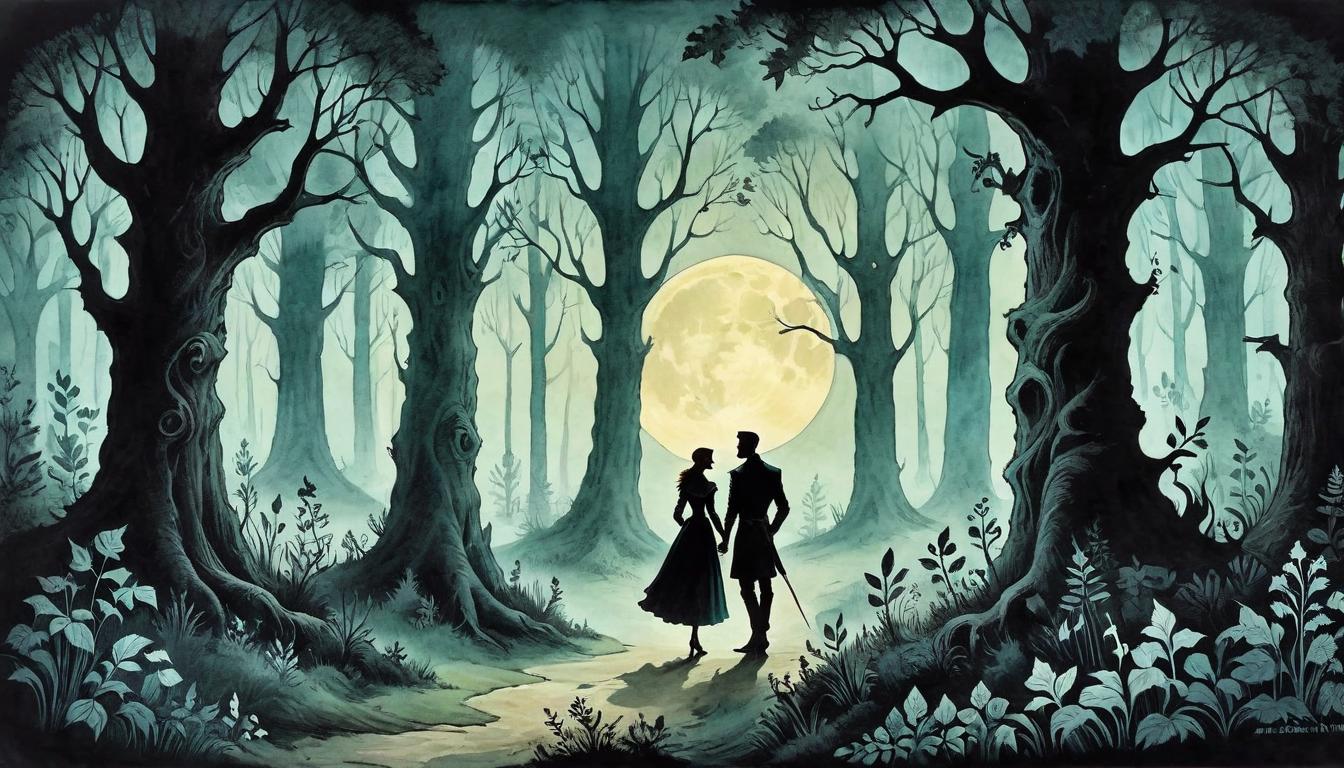  on parchment, surrealism+++, Two silhouettes meeting at the intersection of shadowed paths within an enchanted forest, moonlight filtering through dense foliage, connection, enchantment(mysterious, provocative, symbolic,muted color)+++