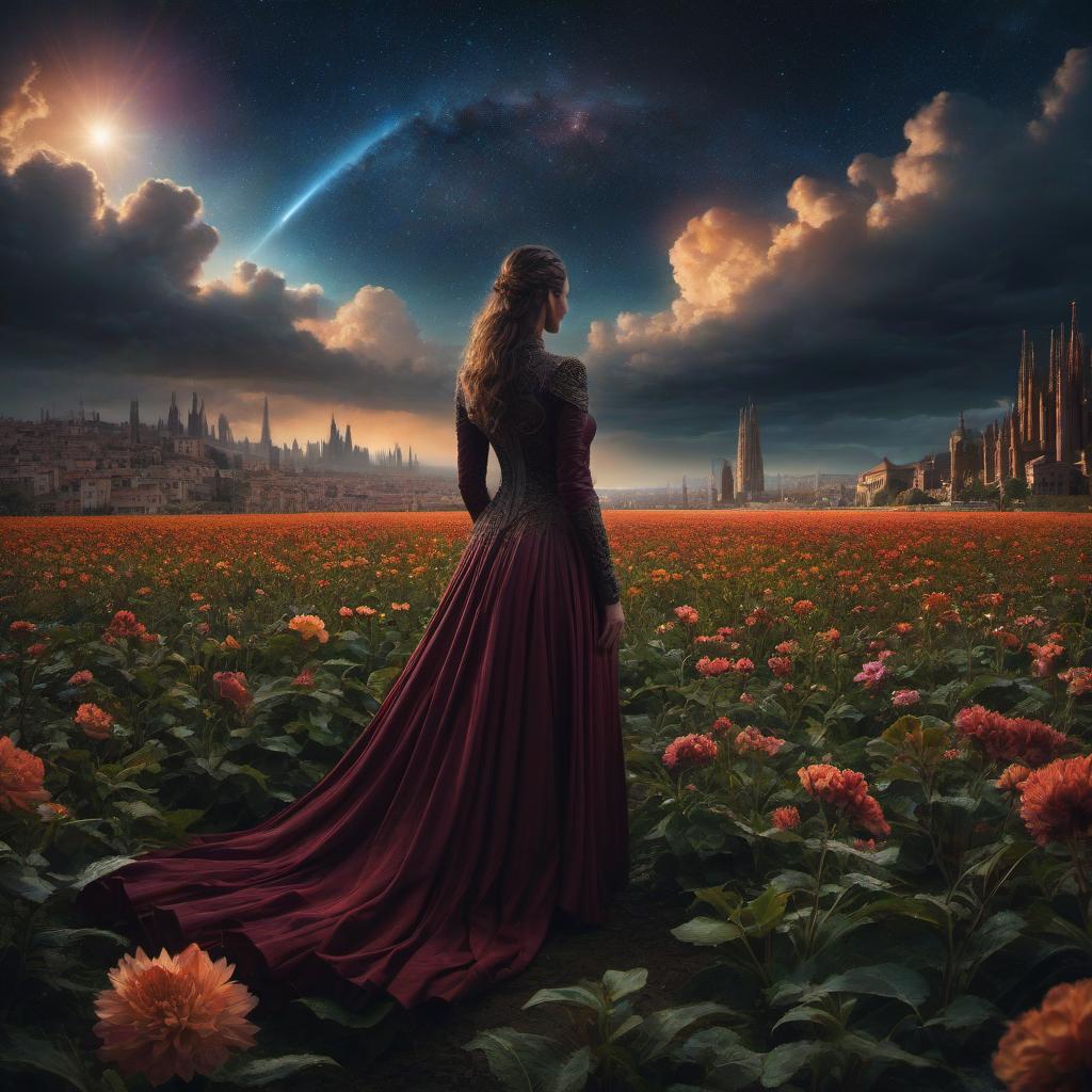  (stylized by Tomasz Alen Kopera:1.3) , dark art, dense flower field and Perseid meteor in background, landscape of a (Barcelona:1.2) , very Bizarre and 1600'S, Hurricane, Glitchcore, Amaro, layered textures, ornate, intricate artistic color, complimentary colors, very inspirational, atmosphere, fine artistic composition, sunny, theatrical hyperrealistic, full body, detailed clothing, highly detailed, cinematic lighting, stunningly beautiful, intricate, sharp focus, f/1. 8, 85mm, (centered image composition), (professionally color graded), ((bright soft diffused light)), volumetric fog, trending on instagram, trending on tumblr, HDR 4K, 8K