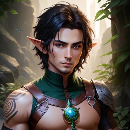  half-elf, male, ranger, short black hair, green eyes, tattoos, toned build, hyperrealistic, high quality, highly detailed, perfect lighting, intricate, sharp focus, f/1. 8, 85mm, (centered image composition), (professionally color graded), ((bright soft diffused light)), trending on instagram, HDR 4K, 8K