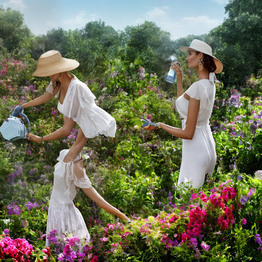 mdjrny-v4 style photo realistic image of a woman in a straw hat watering her garden with a water can hyperrealistic, full body, detailed clothing, highly detailed, cinematic lighting, stunningly beautiful, intricate, sharp focus, f/1. 8, 85mm, (centered image composition), (professionally color graded), ((bright soft diffused light)), volumetric fog, trending on instagram, trending on tumblr, HDR 4K, 8K