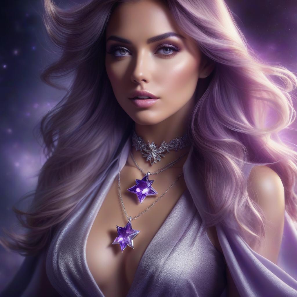  Amethyst in the shape of a star, necklace around the neck of a girl. hyperrealistic, full body, detailed clothing, highly detailed, cinematic lighting, stunningly beautiful, intricate, sharp focus, f/1. 8, 85mm, (centered image composition), (professionally color graded), ((bright soft diffused light)), volumetric fog, trending on instagram, trending on tumblr, HDR 4K, 8K