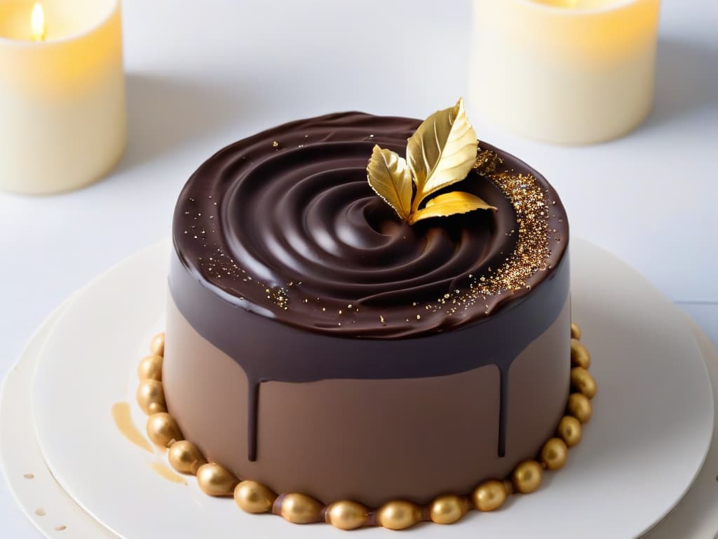  A closeup, ultradetailed image of a delicate, intricately piped swirl of glossy chocolate ganache atop a perfectly smooth and shiny vanilla bean panna cotta, garnished with a single shimmering gold leaf, set against a stark white, matte background. The contrasting textures and elegant presentation highlight the fusion of traditional and modern techniques in pastry art, embodying the essence of innovation grounded in heritage. hyperrealistic, full body, detailed clothing, highly detailed, cinematic lighting, stunningly beautiful, intricate, sharp focus, f/1. 8, 85mm, (centered image composition), (professionally color graded), ((bright soft diffused light)), volumetric fog, trending on instagram, trending on tumblr, HDR 4K, 8K