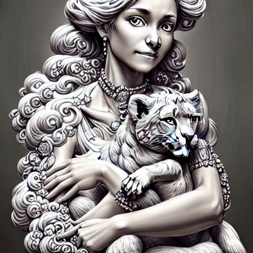 a photo of ddfusion style A woman, wearing a cute white dress, holding a lion. intricate, elegant