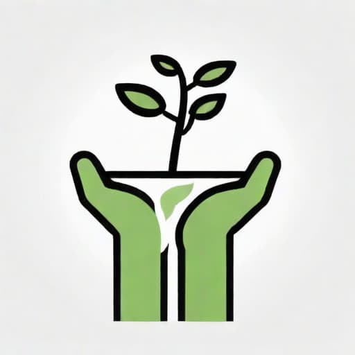  Draw a friendly and clean icon of a hand holding a small potted plant. The hand should have a green thumb to signify expertise in gardening, and the potted plant can be a simple, recognizable symbol of gardening and plant care. Keep the lines and overall design simple and clean for easy recognition at various sizes. ((for a logo)), minimalistic, vector illustration, (simple), (white background), no background, for a company, strong color contrast
