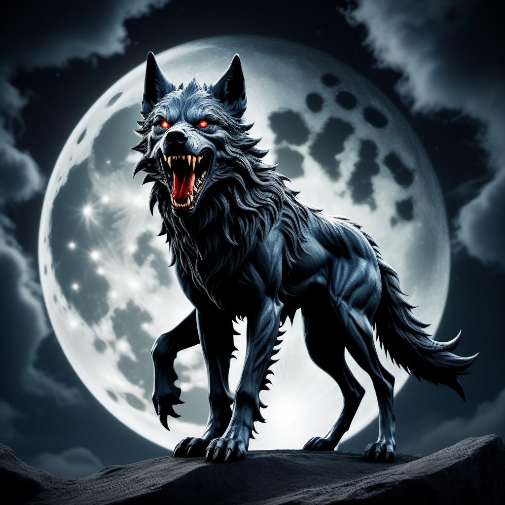  Logo, detailed Fenrir from Norse mythology on a full moon background, 4k, horrors, cruelty, blood