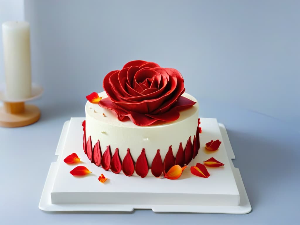  A minimalistic image of a beautifully decorated Red Velvet Cake placed on a sleek, white marble cake stand. The cake is adorned with vibrant red frosting and delicate white rose petals, creating a visually striking and elegant presentation. The focus is on the intricate details of the cake's decoration, showcasing the artistry and skill that goes into creating a perfect Red Velvet Cake. hyperrealistic, full body, detailed clothing, highly detailed, cinematic lighting, stunningly beautiful, intricate, sharp focus, f/1. 8, 85mm, (centered image composition), (professionally color graded), ((bright soft diffused light)), volumetric fog, trending on instagram, trending on tumblr, HDR 4K, 8K