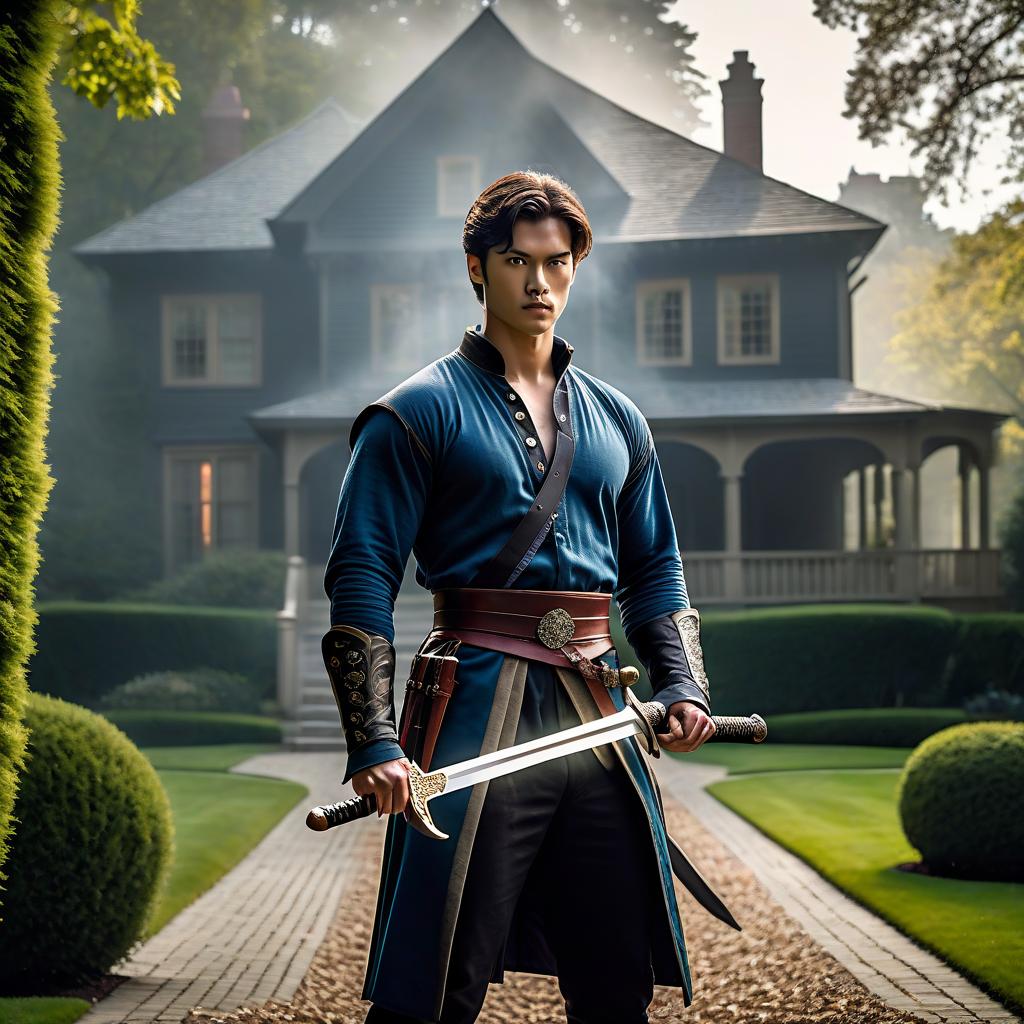  A young man of twenty three practices with a sword in the backyard of a two story mansion. hyperrealistic, full body, detailed clothing, highly detailed, cinematic lighting, stunningly beautiful, intricate, sharp focus, f/1. 8, 85mm, (centered image composition), (professionally color graded), ((bright soft diffused light)), volumetric fog, trending on instagram, trending on tumblr, HDR 4K, 8K