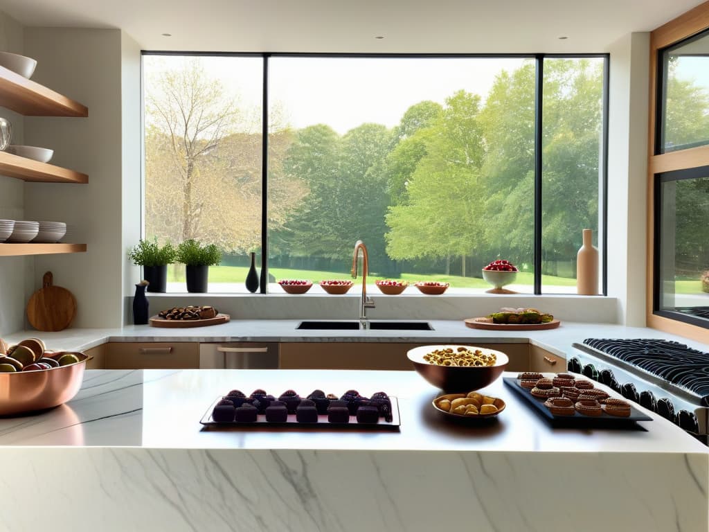  An ultradetailed image of a sleek, modern kitchen filled with an array of highend baking equipment such as marble countertops, copper mixing bowls, a stateoftheart oven, and shelves stocked with neatly arranged ingredients like vanilla beans, vibrant berries, and premium chocolate bars. The soft, natural light filtering through large windows highlights the immaculate organization and minimalist aesthetic of the space, inviting viewers to envision themselves mastering the art of pastry in a serene, sophisticated environment. hyperrealistic, full body, detailed clothing, highly detailed, cinematic lighting, stunningly beautiful, intricate, sharp focus, f/1. 8, 85mm, (centered image composition), (professionally color graded), ((bright soft diffused light)), volumetric fog, trending on instagram, trending on tumblr, HDR 4K, 8K