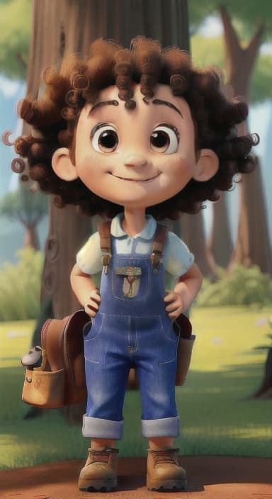  {The tree with a smiling face formed by its bark, looking down at Riley., Riley, a curious with big brown eyes and curly hair, wearing overalls and carrying a small backpack. Their friend, Skye, a bluebird with shiny feathers.