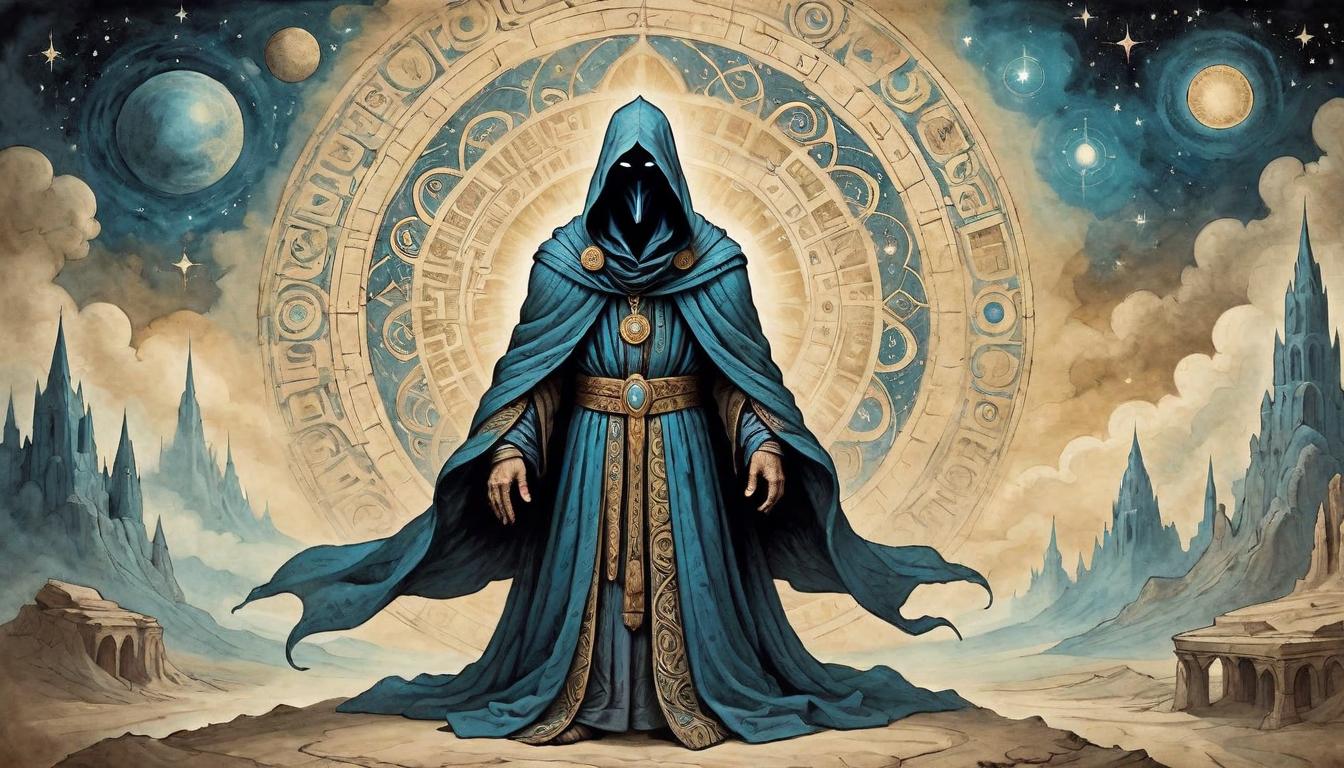  on parchment, surrealism+++, A figure cloaked in ancient robes, meditative stance, aura of divine knowledge radiating around, intricate cosmic patterns on the robes(mysterious, provocative, symbolic,muted color)+++