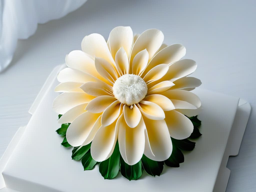  An ultradetailed image of a delicate, intricate sugar flower crafted entirely from edible paper, showcasing the artistry and innovation of using edible paper in modern pastry design. The flower features thin, translucent petals with intricate patterns, glistening under soft, natural light to highlight the precision and creativity of utilizing edible paper in creative pastry decoration. hyperrealistic, full body, detailed clothing, highly detailed, cinematic lighting, stunningly beautiful, intricate, sharp focus, f/1. 8, 85mm, (centered image composition), (professionally color graded), ((bright soft diffused light)), volumetric fog, trending on instagram, trending on tumblr, HDR 4K, 8K