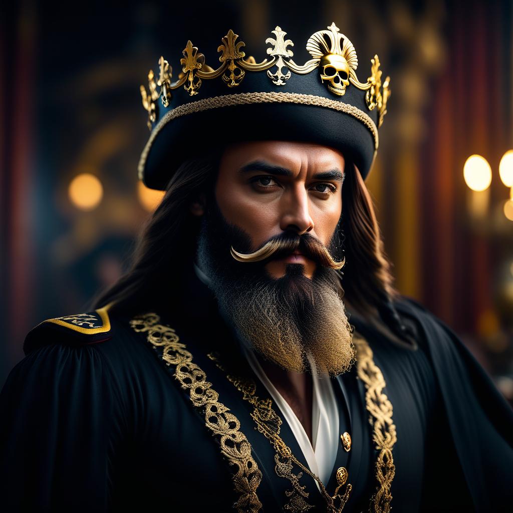  cinematic photo King Ava of Pirates has a black and golden crown instead of a skull face with beard and mustache. . 35mm photograph, film, bokeh, professional, 4k, highly detailed hyperrealistic, full body, detailed clothing, highly detailed, cinematic lighting, stunningly beautiful, intricate, sharp focus, f/1. 8, 85mm, (centered image composition), (professionally color graded), ((bright soft diffused light)), volumetric fog, trending on instagram, trending on tumblr, HDR 4K, 8K