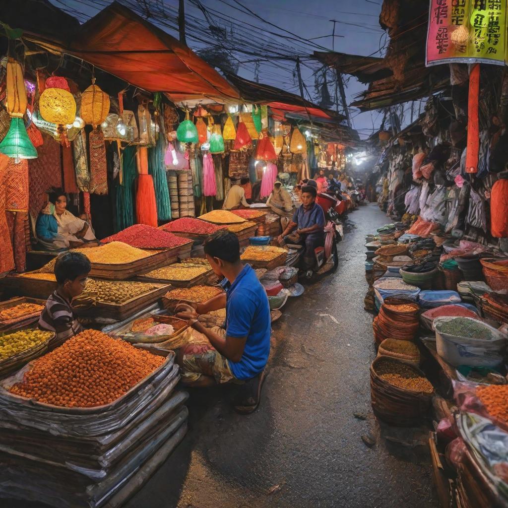  masterpiece, best quality, Budaya yang kaya dengan keramaian di pasar malam Jakarta yang penuh warna, dengan deretan pedagang yang berjubel, menawarkan berbagai barang dan makanan tradisional. Cahaya neon yang terang menerangi suasana malam yang hidup. Gaya fotografi dokumenter yang realistis dengan penekanan pada warna-warna cerah dan kontras yang tajam. Pencahayaan alami dan buatan yang menciptakan efek dramatis pada subjek dan latar belakang. Menggunakan kamera DSLR dengan pengaturan ISO tinggi untuk menangkap detail yang jelas dan tajam.