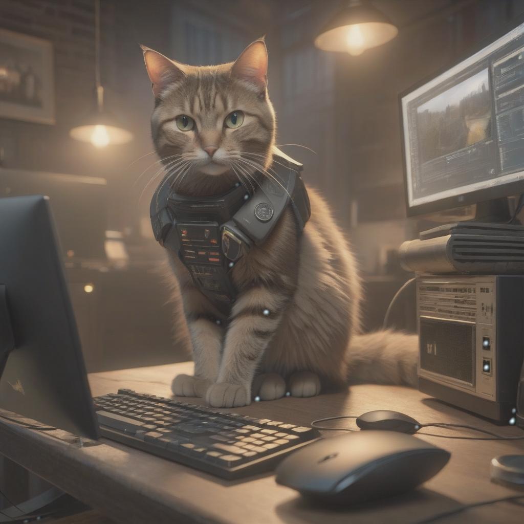  A cat is causing trouble with the computer. hyperrealistic, full body, detailed clothing, highly detailed, cinematic lighting, stunningly beautiful, intricate, sharp focus, f/1. 8, 85mm, (centered image composition), (professionally color graded), ((bright soft diffused light)), volumetric fog, trending on instagram, trending on tumblr, HDR 4K, 8K