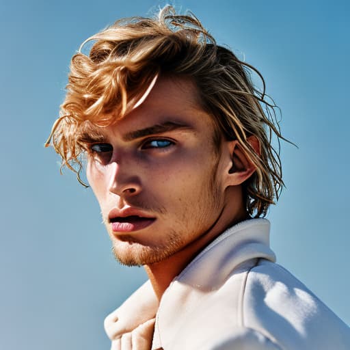 portrait+ style Russian queer supermodel blonde hunk dude face