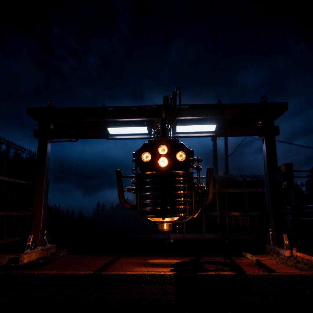  A large powerful electrical transformer beyond the fence. At night, in the darkness, under the streetlight. hyperrealistic, full body, detailed clothing, highly detailed, cinematic lighting, stunningly beautiful, intricate, sharp focus, f/1. 8, 85mm, (centered image composition), (professionally color graded), ((bright soft diffused light)), volumetric fog, trending on instagram, trending on tumblr, HDR 4K, 8K