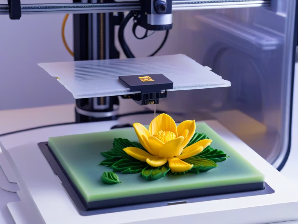  An ultradetailed 8k image showcasing a sleek, futuristic 3D printer specifically designed for creating intricate and delicate pastry decorations. The printer, set against a clean white background, features a compact design with advanced technology visibly integrated. It is in the process of delicately crafting a miniature edible sculpture of a blooming flower, showcasing the precision and artistry achievable through 3D printing in the realm of pastry decoration. hyperrealistic, full body, detailed clothing, highly detailed, cinematic lighting, stunningly beautiful, intricate, sharp focus, f/1. 8, 85mm, (centered image composition), (professionally color graded), ((bright soft diffused light)), volumetric fog, trending on instagram, trending on tumblr, HDR 4K, 8K