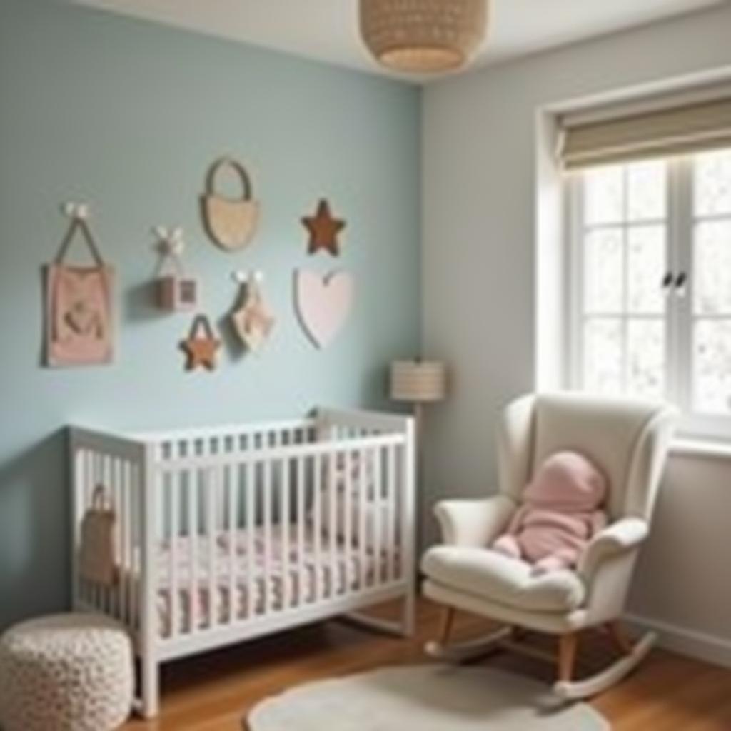  this editorial photography showcases a vint indigo hue (rgb: 75, 0, 130) to enhance the atmosphere of a 's room. the scene is thoughtfully composed to include a cradle, girl toys, and a nursing rocking chair, creating a nurturing and serene environment for caring for babies. the indigo serves as the color, adding a dynamic and cozy touch to the room's design.