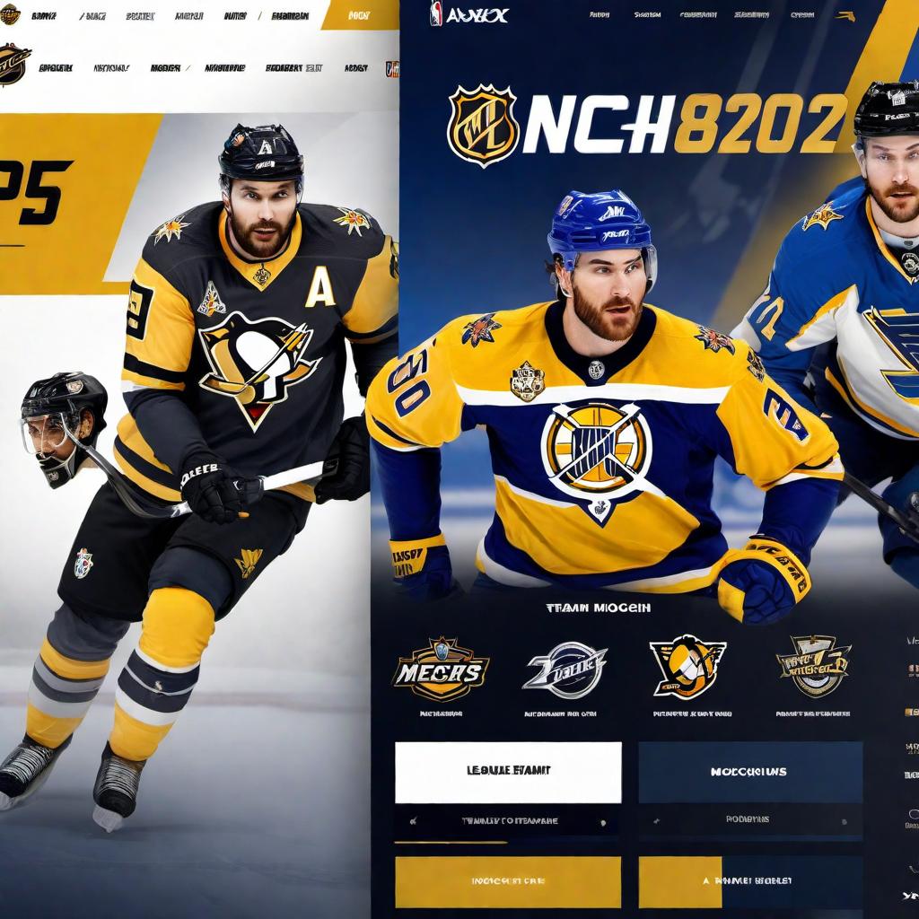  Design a mockup for a website that serves as a league hub for the NHL 24 game on PS5/Xbox. The theme colors are black, blue, white, and gold. Elements to include on the homepage mockup: - A prominent top navigation bar with the league logo and menu items such as Home, Standings, Teams, Stats, Streams, and User Login. - A featured section for live game streaming showcasing current or upcoming Twitch and YouTube streams. - A leaderboard section for Team Standings that includes a sortable table with team names, games played, wins, losses, and points. - A section for latest news and updates about the league. - Footer with links to social media and contact information. The design should be modern, sleek, and fully embrace the theme colors. It  hyperrealistic, full body, detailed clothing, highly detailed, cinematic lighting, stunningly beautiful, intricate, sharp focus, f/1. 8, 85mm, (centered image composition), (professionally color graded), ((bright soft diffused light)), volumetric fog, trending on instagram, trending on tumblr, HDR 4K, 8K