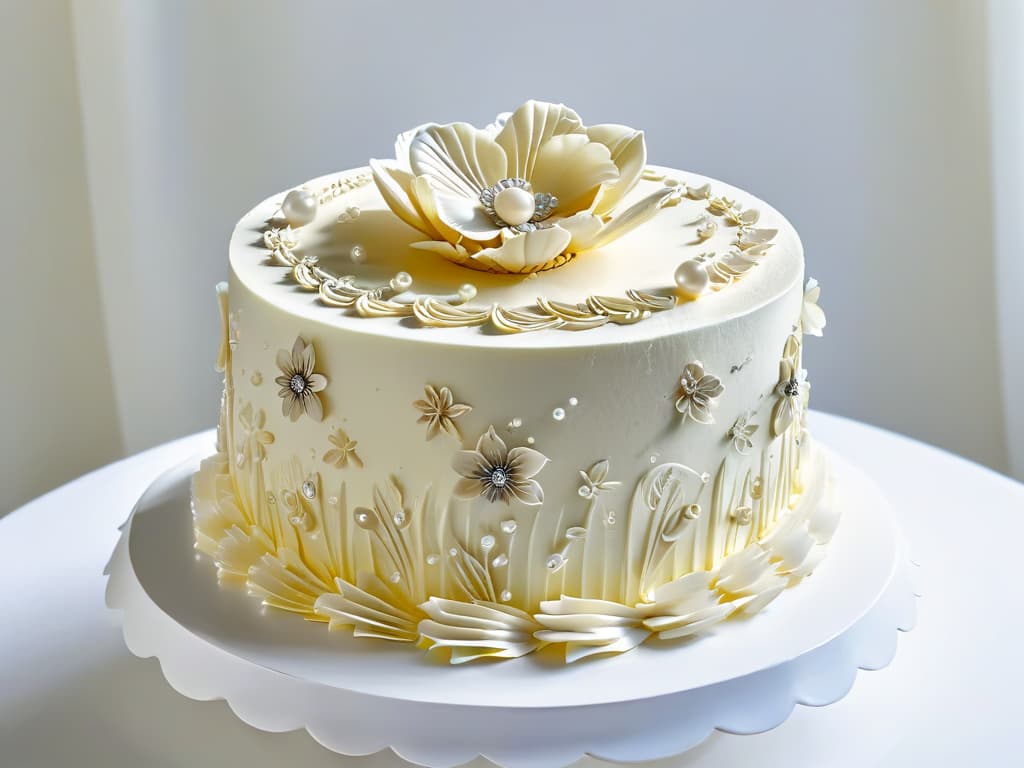  A closeup, ultradetailed image of a decadent, intricately designed 1920sstyle cake adorned with edible pearls and delicate sugar flowers, set against a stark white background. The cake is elegantly tiered, with each layer showcasing meticulous piping work and ornate Art Deco patterns in shimmering gold and silver hues. The play of light and shadow highlights the exquisite craftsmanship and luxurious feel of this confection, embodying the opulence and creativity of the prohibitionera pastry chefs. hyperrealistic, full body, detailed clothing, highly detailed, cinematic lighting, stunningly beautiful, intricate, sharp focus, f/1. 8, 85mm, (centered image composition), (professionally color graded), ((bright soft diffused light)), volumetric fog, trending on instagram, trending on tumblr, HDR 4K, 8K