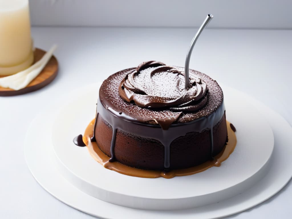  An ultradetailed closeup image of a decadent chocolate lava cake drizzled with rich, dark molasses, capturing the glossy texture and deep color contrast, set against a simple, clean white background to emphasize the intense flavor combination. hyperrealistic, full body, detailed clothing, highly detailed, cinematic lighting, stunningly beautiful, intricate, sharp focus, f/1. 8, 85mm, (centered image composition), (professionally color graded), ((bright soft diffused light)), volumetric fog, trending on instagram, trending on tumblr, HDR 4K, 8K