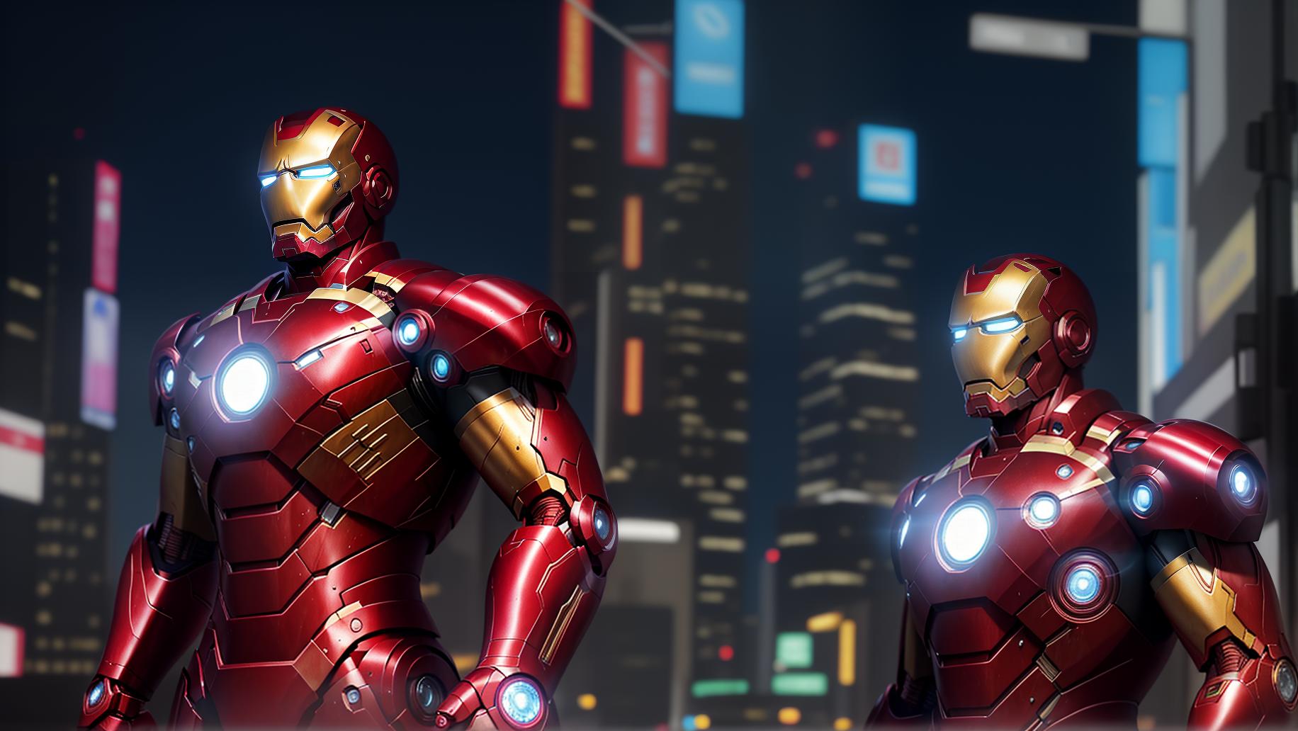  masterpiece, best quality, Best quality, masterpiece, 8k resolution, realistic, highly detailed, close up of Iron Man. In a cyberpunk style night scene of the city, he stands on a street lined with tall buildings. The city's night lights are bright, The surrounding buildings and streets are filled with cyberpunk elements such as neon lights, high tech devices, and futuristic architectural designs.