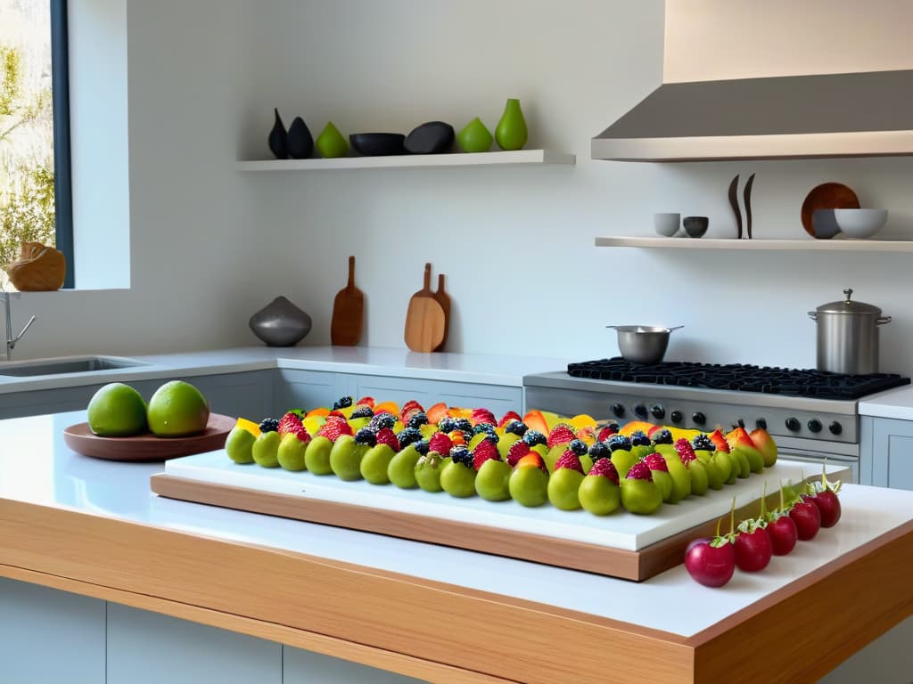  A highresolution image of a serene, modern kitchen filled with natural light, featuring a sleek marble countertop adorned with an array of vibrant, fresh fruits like berries, kiwis, and citrus fruits. In the background, a set of elegant, polished stainless steel baking utensils are neatly arranged on a wooden shelf, with a stack of cookbooks showcasing healthy dessert recipes. The overall aesthetic is clean, bright, and inviting, embodying the essence of a professional and inspirational setting for crafting delicious and guiltfree pastries. hyperrealistic, full body, detailed clothing, highly detailed, cinematic lighting, stunningly beautiful, intricate, sharp focus, f/1. 8, 85mm, (centered image composition), (professionally color graded), ((bright soft diffused light)), volumetric fog, trending on instagram, trending on tumblr, HDR 4K, 8K