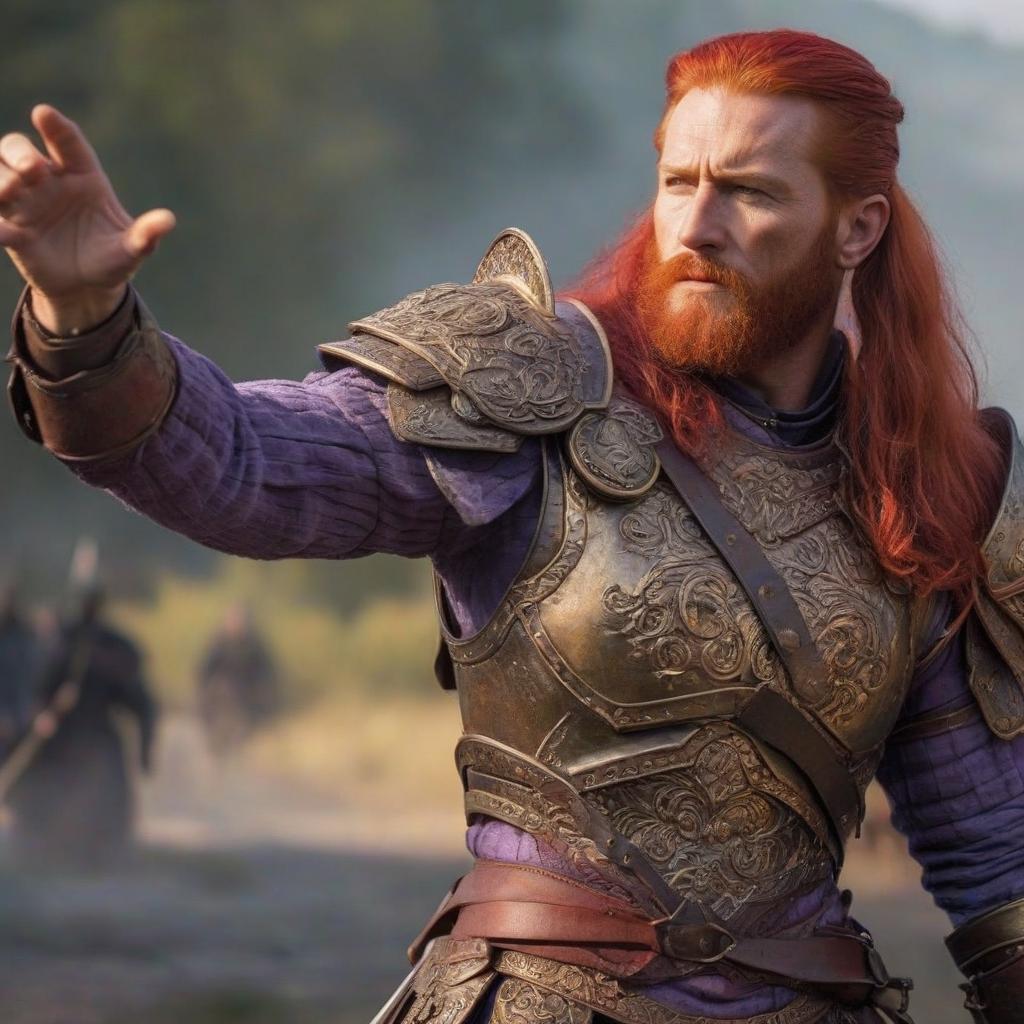  Red Haired, Warrior, old man, armor, violet hair, dress, grandmother hyperrealistic, full body, detailed clothing, highly detailed, cinematic lighting, stunningly beautiful, intricate, sharp focus, f/1. 8, 85mm, (centered image composition), (professionally color graded), ((bright soft diffused light)), volumetric fog, trending on instagram, trending on tumblr, HDR 4K, 8K