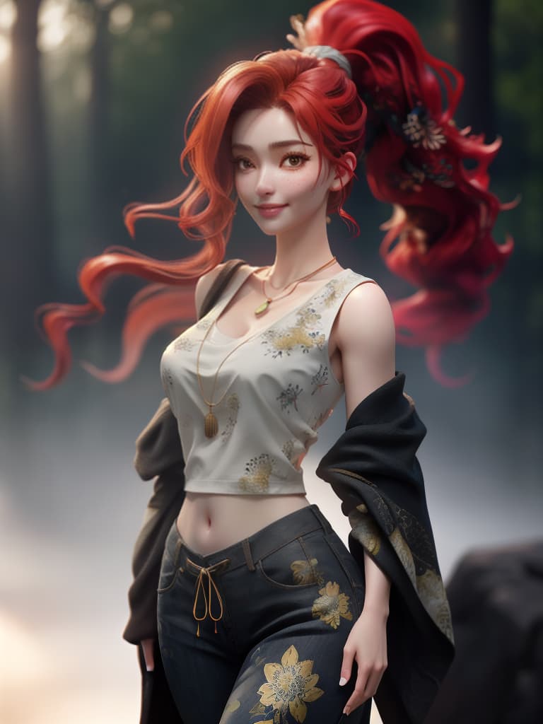  (masterpiece, best quality), 1girl, collarbone, wavy hair, looking at viewer, blurry foreground, upper body, necklace, contemporary, plain pants, ((intricate, print, pattern)), ponytail, freckles, red hair, dappled sunlight, smile, happy, hyperrealistic, full body, detailed clothing, highly detailed, cinematic lighting, stunningly beautiful, intricate, sharp focus, f/1. 8, 85mm, (centered image composition), (professionally color graded), ((bright soft diffused light)), volumetric fog, trending on instagram, trending on tumblr, HDR 4K, 8K