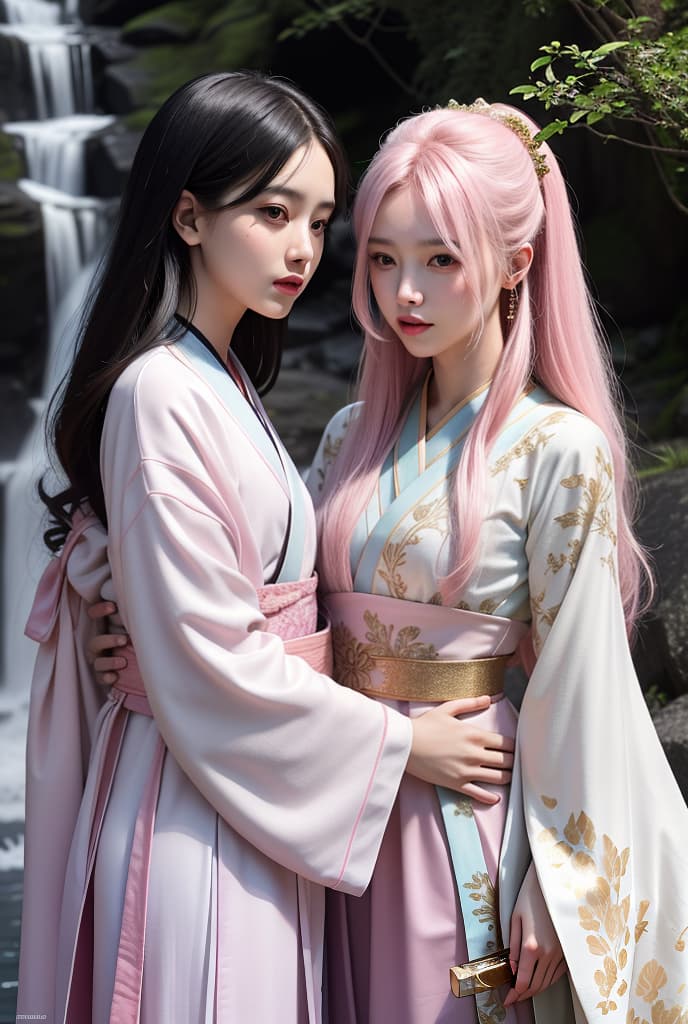  DIGITAL ART, MASTERPIECE, ALCOHOL INK PAINTING STYLE, PINK-WHITE THEME, COMPLICATED DETAILS WITH THIN GOLD BOUNDARIES AROUND THE INK CREATING CONTRAST BETWEEN COLORS, HIGHLY DETAIL, AN EXTREME CLOSE UP FACE OF TWO YOUNG MEN HALF BODY, HIGH ANGLE VIEW, ONE PERSON WORE PINK HANFU WITH SUPER LONG WHITE HAIR, THE OTHER PERSON WORE A WHITE HANFU WITH SUPER LONG BLACK HAIR, DOING A FASHION PHOTOSHOOT., IN THE BACKGROUND OF A LUXURIOUS INN WITH A SMALL STREAM FLOWING THROUGH IT, WATERFALL IS BACKDROP,ADVERTISING PHOTO,high quality, good proportion, masterpiece ,, The image is captured with an 8k camera and edited using the latest digital tools to produce a flawless final result.